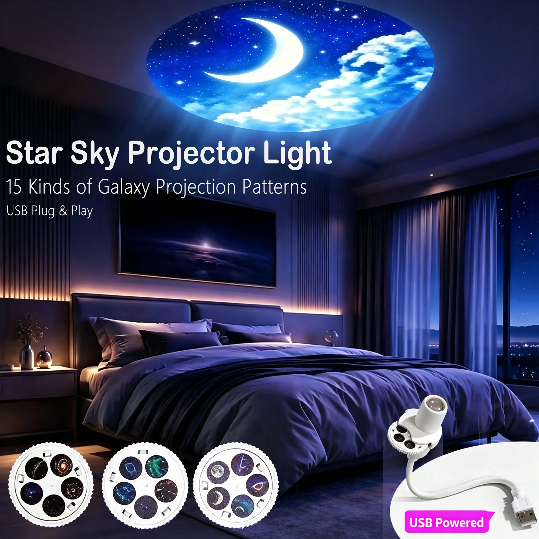 Mini Starry Sky Projector Light 360° Adjustable LED Night Light 15 Patterns for Bedroom Romantic Birthday Party Atmosphere Lamp