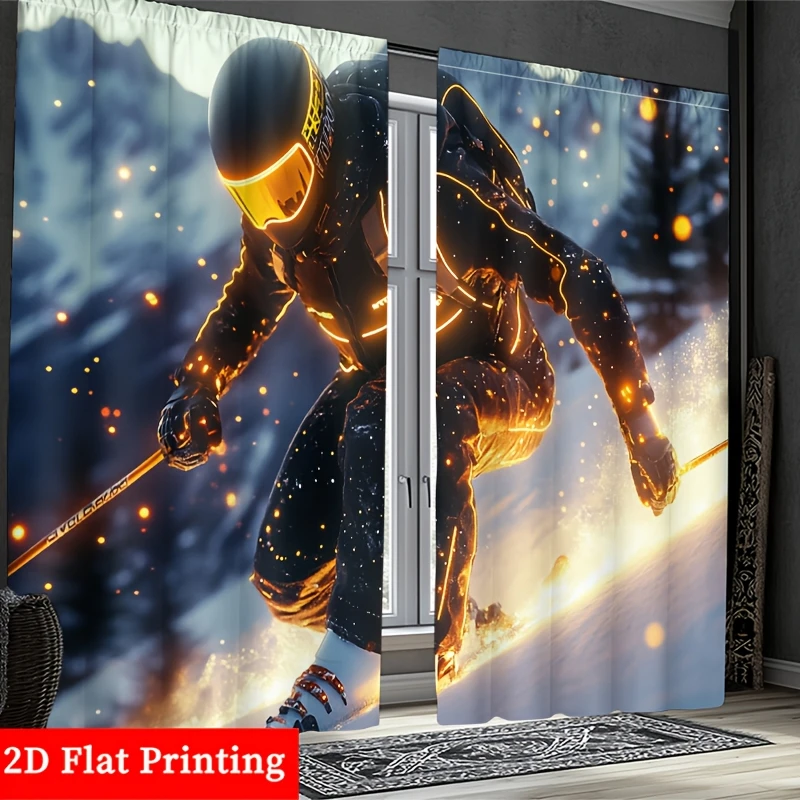 Neon Cyberpunk Skier Curtain, Futuristic Snowboarder Art Drape, Glowing Winter Sports Home Decor for Living Room Bedroom Window