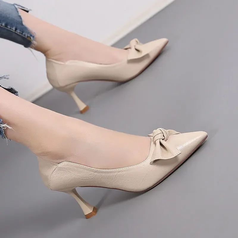 Women\'s Shoes Office High Heels Ladies Footwear Thin Pointed Toe Beige with Bow Normal Leather Casual on Promotion Trend Spring