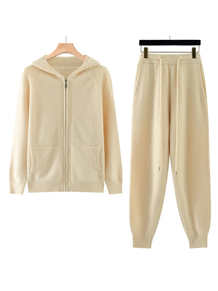 Women's New Wool Knit Zip Up Cardigan Leisure Leg Pants Set Soft Fabric High Elastic Waist Autumn Winter Fashion Hooded Sweater