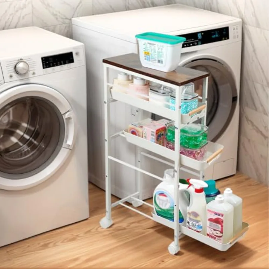 

5 Tier Slim Rolling Storage Cart with Wood Top Narrow Laundry Room Organizer for Tight Gaps Metal Bathroom Gap Filler Kitchen P