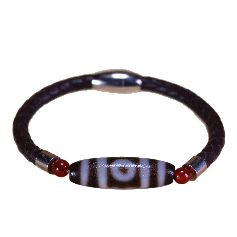 Tibetan natural authentic old mine raw agate black and white dragon scale three-eye dzi bead magnetic leather cord bracelet