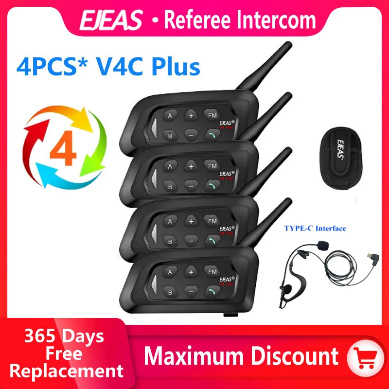 Ejeas V4c Plus Voetbal Scheidsrechter Intercom Headset Bluetooth 1500M Full Duplex Hoofdtelefoon Voetbal Conferentie Interphone