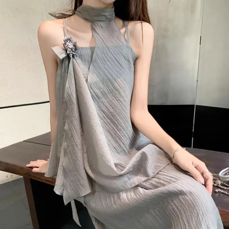 Hot New Summer Fashion Women Clothing Quick Drying Cool Highend Set Irregular Soft Comfort Chiffon Suspender Dress Twopiece Set