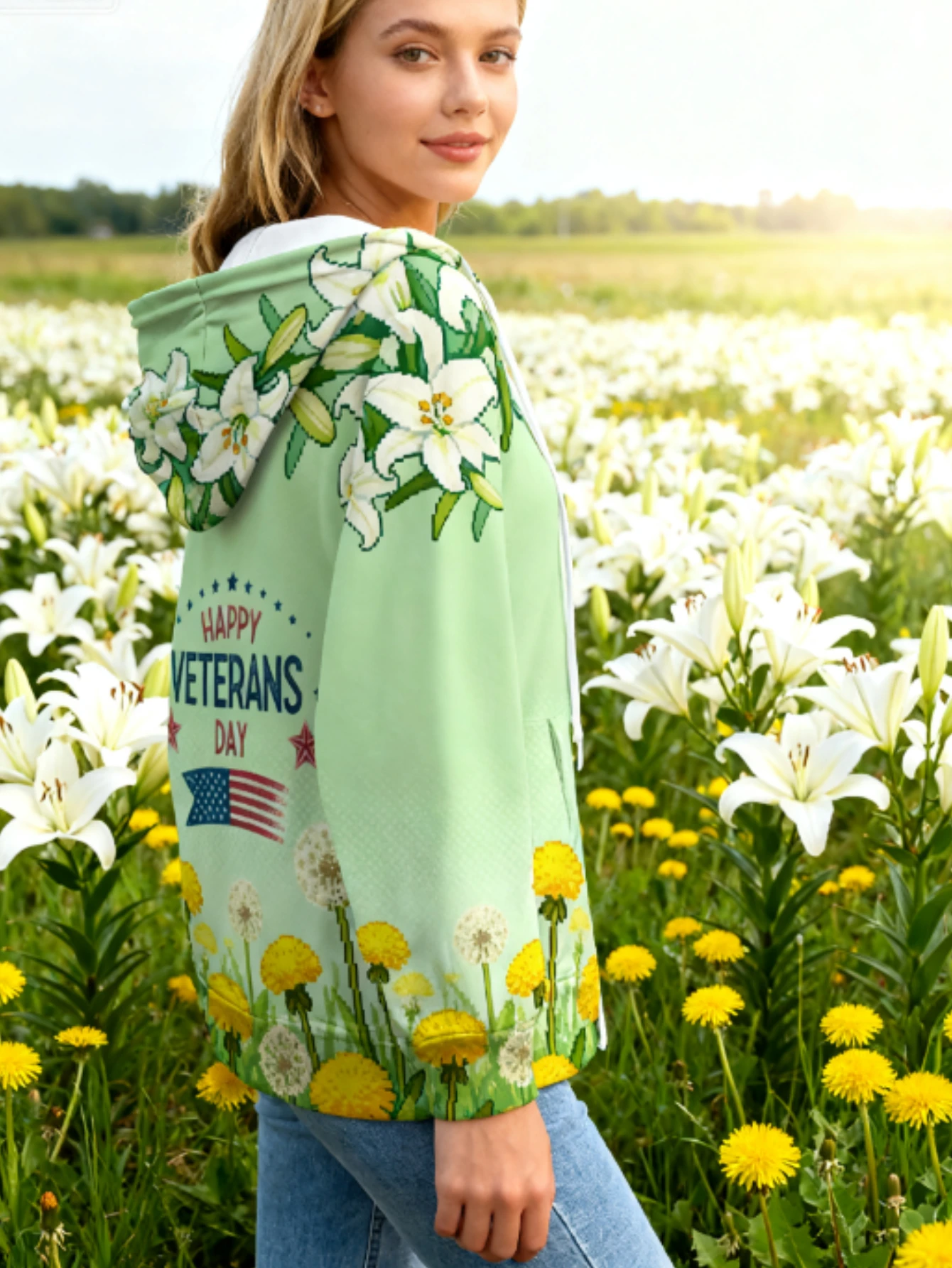 Moletom feminino com estampa completa em 3D, feliz dia dos veteranos Lily & Dandelion padrão floral, moletom elegante com zíper com América