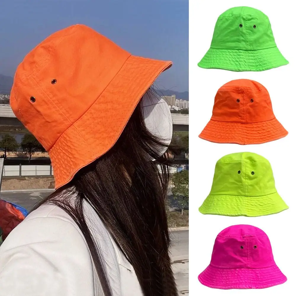 UV Protection Bucket Hat Summer Fluorescent Color Foldable Beach Cap Wide Brim Breathable Sunshade Hat Men Women