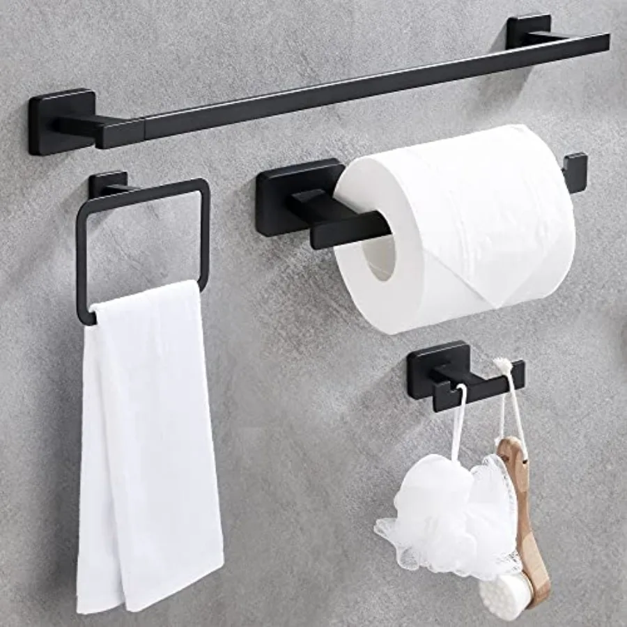 

Bathroom Hardware Set, Hand Towel Bar Toilet Paper Holder Towel Ring and Robe Hook 4 Pieces, Rustproof SUS304 Stainless Steel B