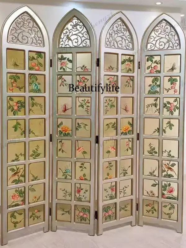 h178French screen partition living room light luxury mobile folding soft partition American background, bedroom folding screen