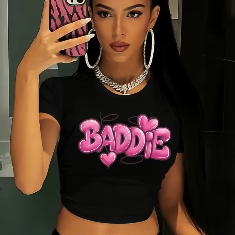 Graphic Y2K Crop Tops with A Bad Guy Letter Print Casual Vintage Cropped T Shirt 90s Sexy O-Neck Tshirt Women's Clothing Female
