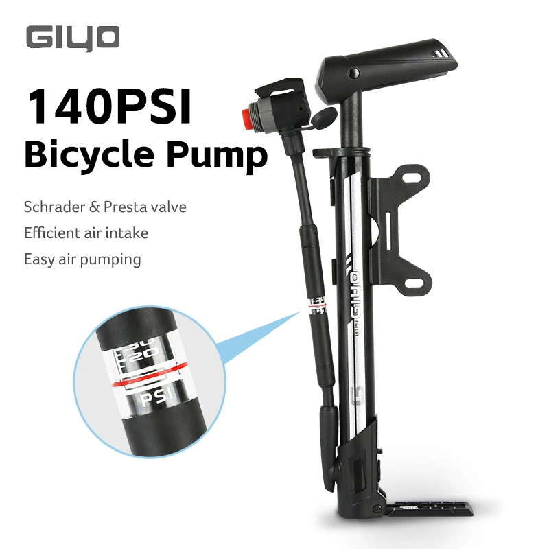 GIYO Bicycle Tire Pump 140PSI Portable Floor-standing Bike Pump Schrader Presta Valve Inflator Mountain Road Bike Accessories