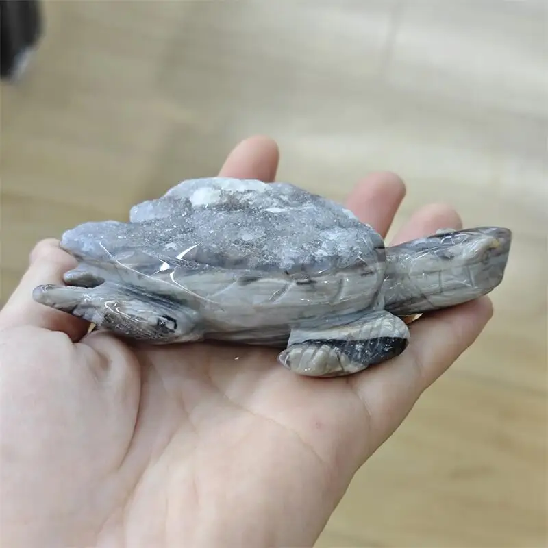 Natural Druzy Agate Turtle Carving Figurine Healing Energy Gemstone Crystal Crafts For Christmas Gift 1PCS