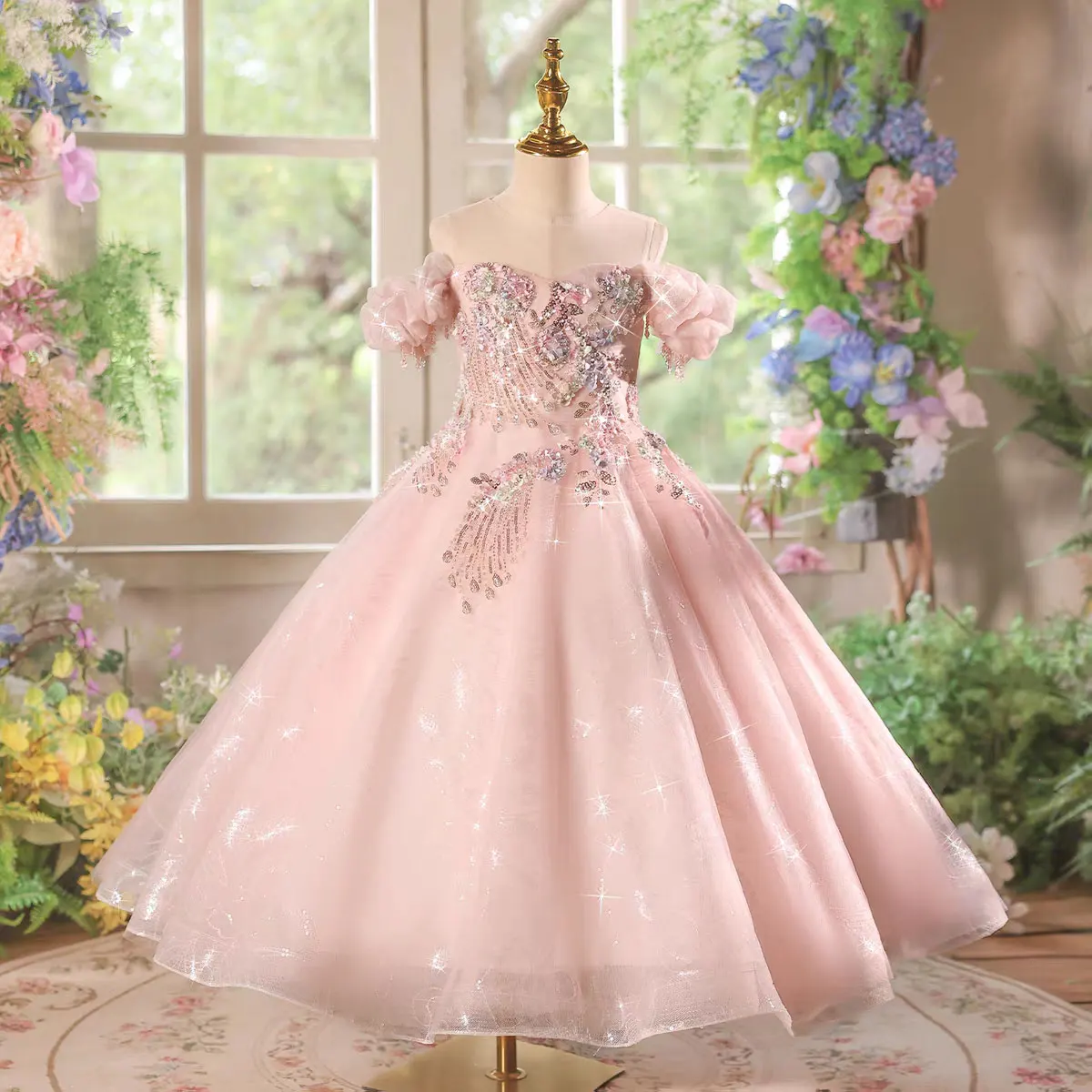 Jill Wish J608 Luxury Pink Flower Girls Princess Dress Off-shoulder Sequin Beading Long Ball Gown with 3D Flower Wedding Party