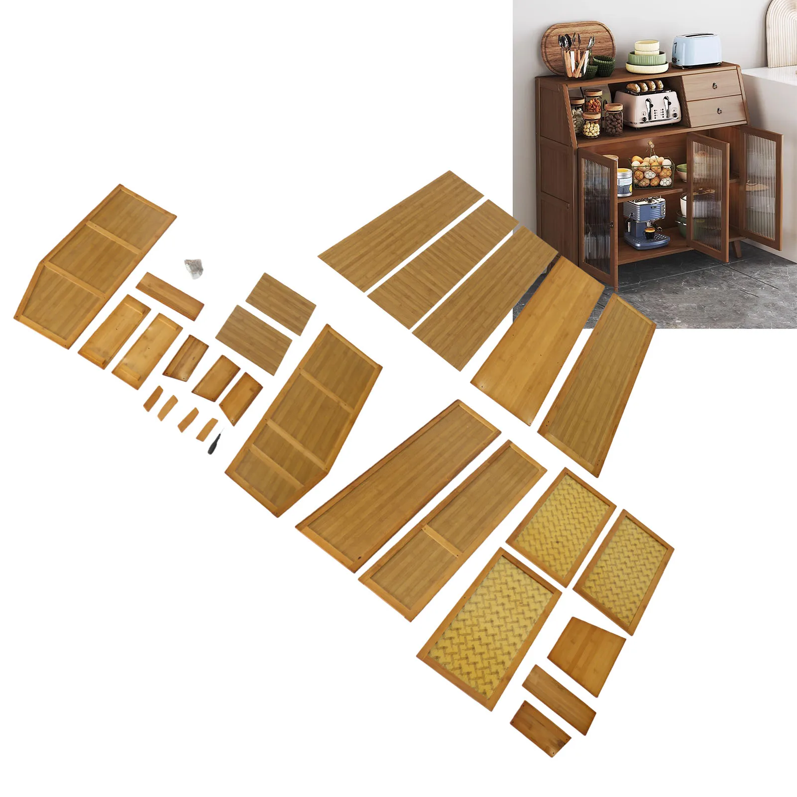 Buffetschrank mit 2 Schubladen und 3 Transparenten Türen, Küchenbuffet, Multifunktionales Platzsparendes Sideboard mit 2 Regalen für Esszimmer – Detail 8