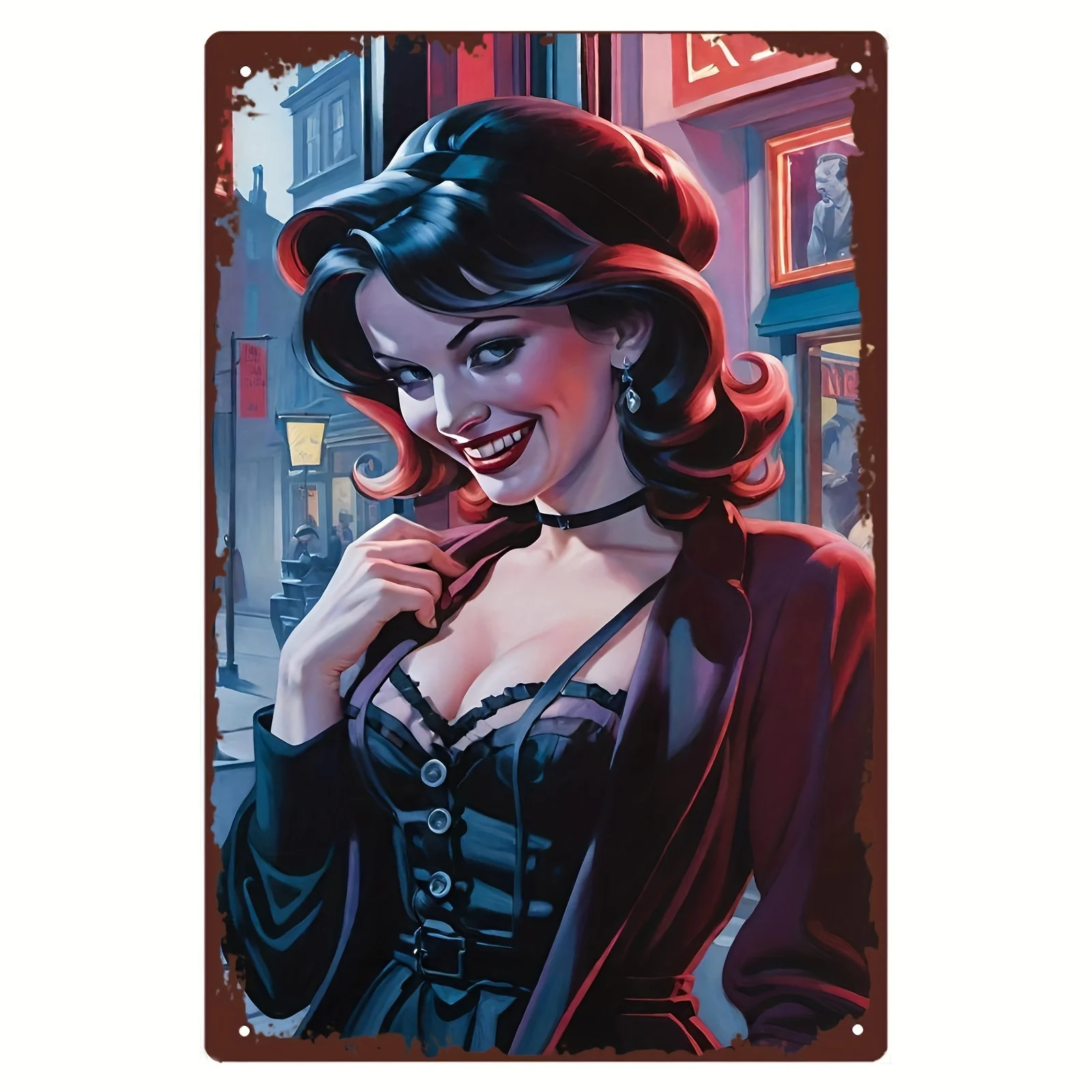 

Vintage Pin-Up Art Tin Sign - 8x12 Inch Frameless Wall Decor of Elegant Woman in Black & Red for Classic Home Decor