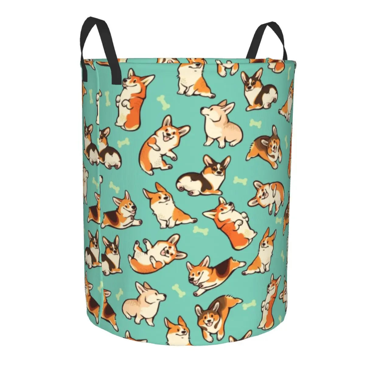 Custom Jolly Corgis In Green Laundry Basket Foldable Cute Pembroke Welsh Corgi Dog Clothes Hamper for Baby Kids Toys Storage Bag