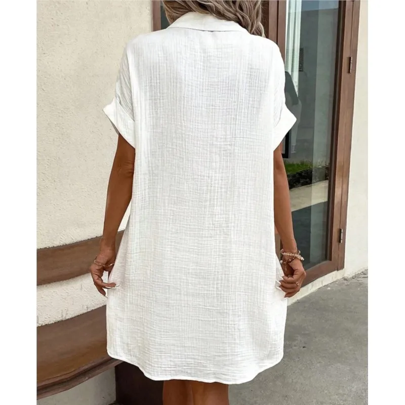 Vintage Women Solid Mini Dress Summer Fashion V-neck Three Quater Sleeve Cotton Linen Dress Ladies Casual Holiday Vestidos