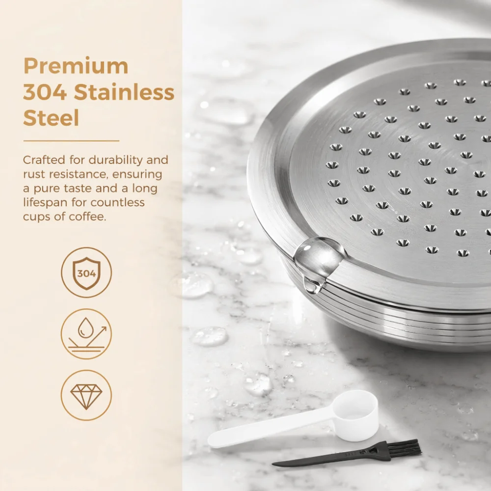 304 Stainless Steel Reusable Coffee Pod Filter Set With Brush And Spoon Refillable Coffee Capsule Reusable Design