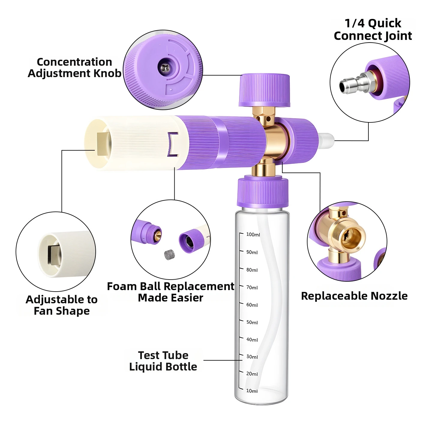Pianownica do nawadniania, pianownica, wysokociśnieniowa myjka samochodowa, wysokoprodukująca pianę pianownica PA, rozpylacz z kulką grawitacyjną, dysza ABS miedź fioletowy