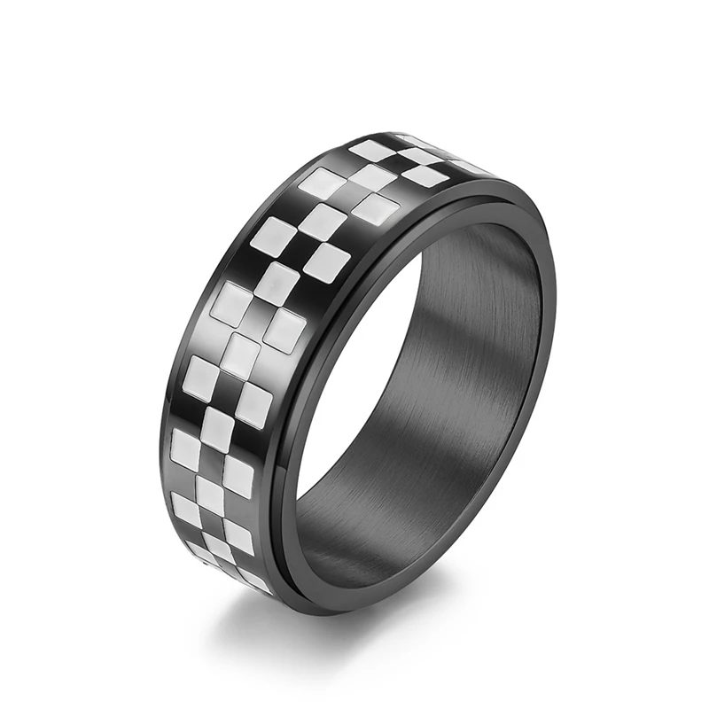 Match Flag Go Black White Square Checkered Rotatable High Quelity Fine Stainless Steel Male Female Ring Polished JZ608