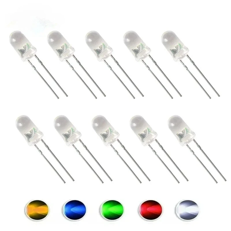 50/100pcs 5mm LED Diode Round Clear Light Emitting Diodes Orange /Red/Green/Blue/Yellow/White F5 LED Assortment Kit