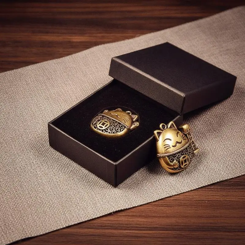 Solid Brass Lucky Cat Keychain Feng Shui Zhaocai Wealth Retro DIY Ornament for Bag Pendant Home Decor