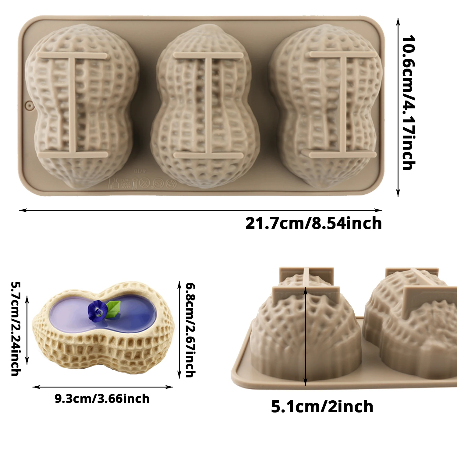 3-cavity simulated peanut silicone mold, creative nut mousse cake, chocolate popsicle baking tool, heat-resistant and easy to demold