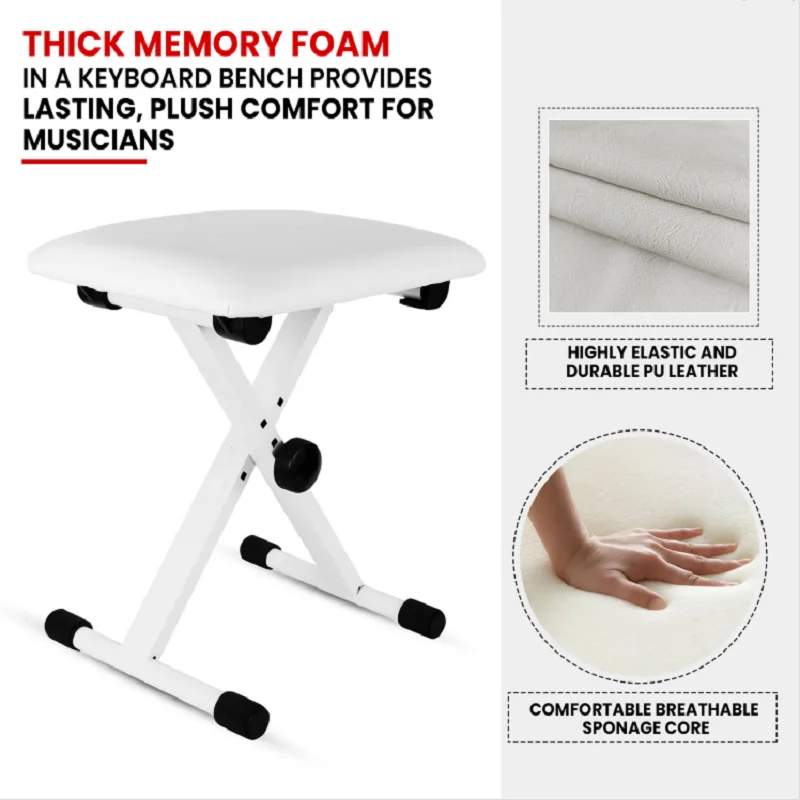 5 CORE Keyboard Bench Pair X Style Piano Stool Thick Padded 12 to 18.5 inch Adjustable Keyboards Chair White KBB02WH