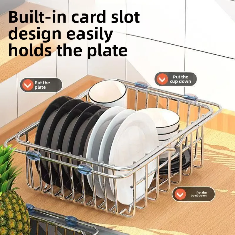 

1PC Stainless Steel Telescopic Sink Drain Rack Non-Slip Dish Drying Kitchen Bathroom Countertop Organizer Rack for Household Use