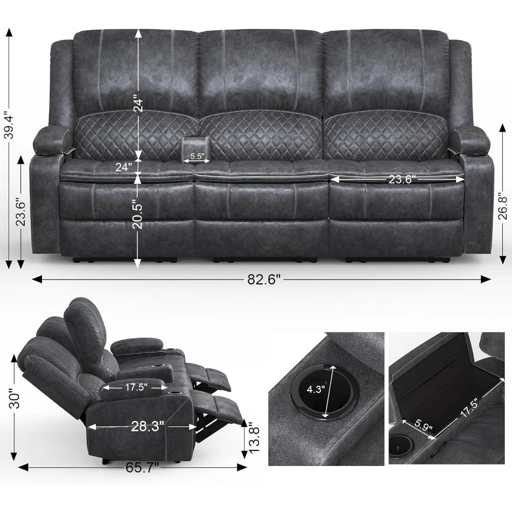 Velvet Fabric Recliner Sofa, 3 Seater Manual Reclining Sofa with Multi-Function Middle Seat, Reclining Couches for Living Room w