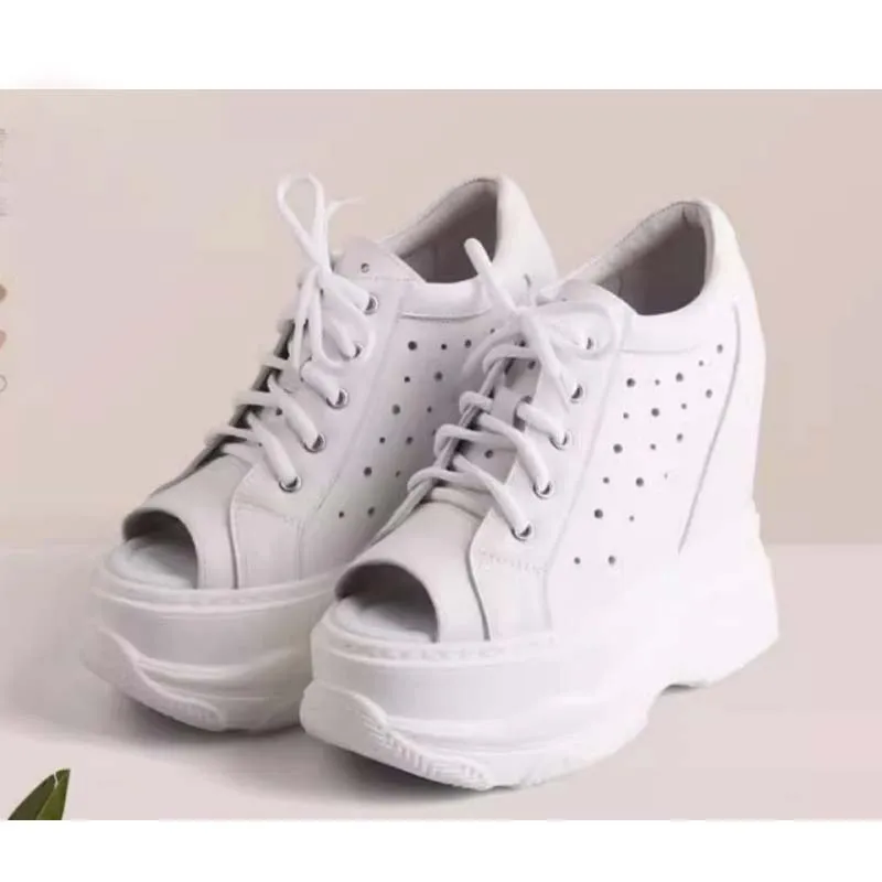 14 cm height increase for summer genuine leather sandals women hollow peep toe shoes thick sole platform wedges heels sneakers