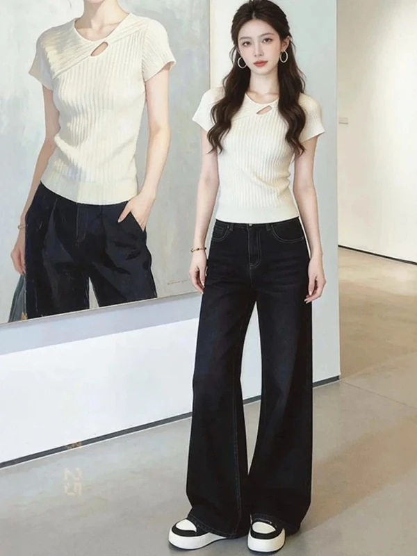 

Korean Style Hollow out Short Sleeve Knitted Top Women's Slimming plus Size Summer Fashionable Casual round Neck Shirt