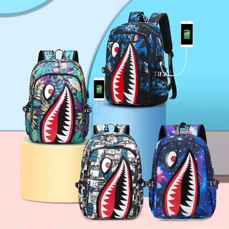 Mochila Anime para homens, mochila com estampa de tubarões-aranha, mochila para laptop, mochila para estudantes, júnior, tendência da moda