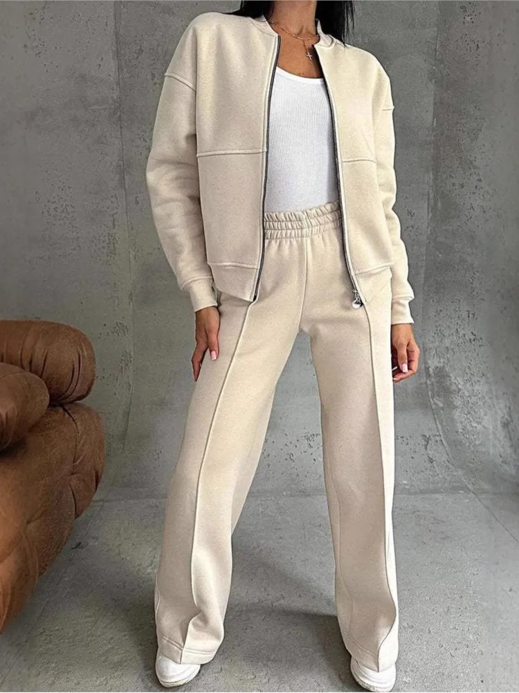 

Autumn Winter Casual Zipper Jacket Wide-leg Trousers Two-piece Set Women's Neutral Style Elegant Simple Solid Color Pants Set