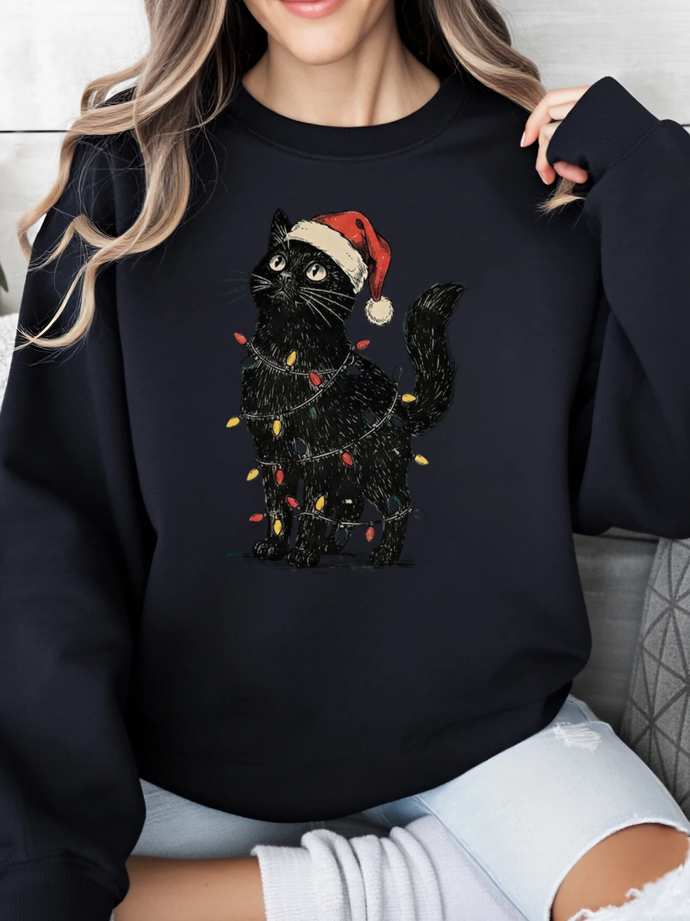 

Black Cat with Christmas Lights and Santa Hat Print Holiday Sweatshirt Women Casual Winter Wear Black Plus-Size