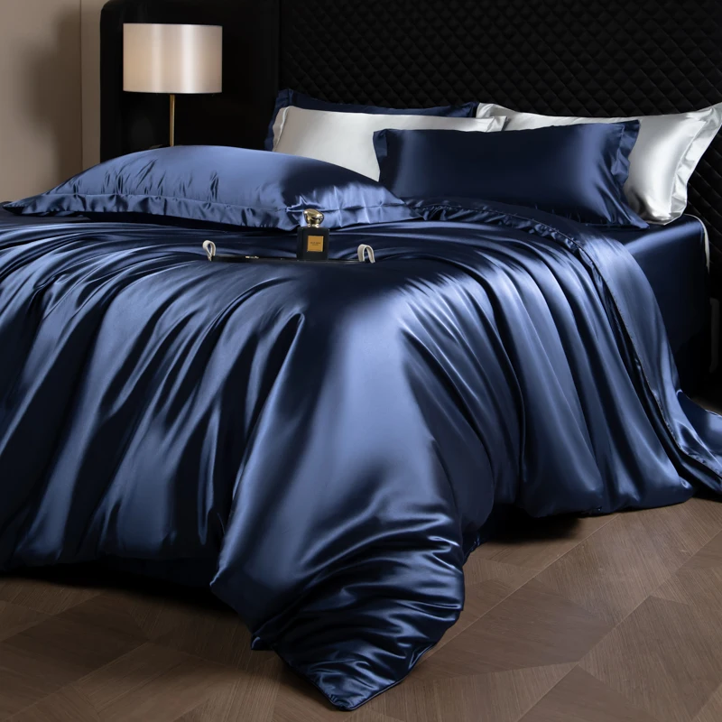 Nordic Silk Bedding Set with Duvet Cover Bed Sheet Pillowcase Luxury Couple Single Double Summer Home Textile Solid Bedsheet