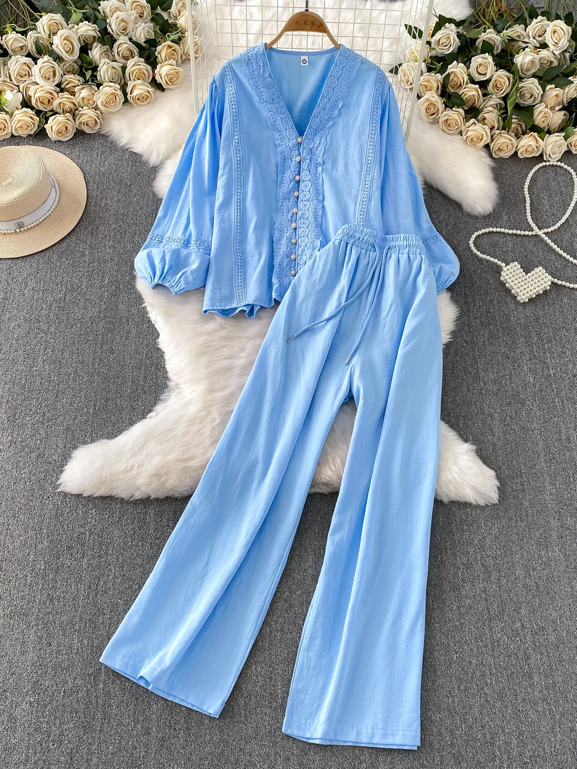 الوردي الثقيلة التطريز الدانتيل لصق عارضة عالية الخصر ضئيلة واسعة الساق السراويل مجموعة مع فانوس Sve irt لطيف الرياح Sle #2