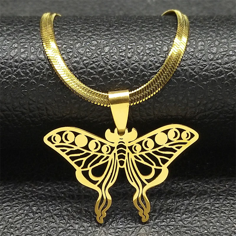 Witch Luna Moth Crescent Necklace for Women Men Stainless Steel Gothic Butterfly Insect Moon Phase Chain Jewelry Colar 8024-QKC
