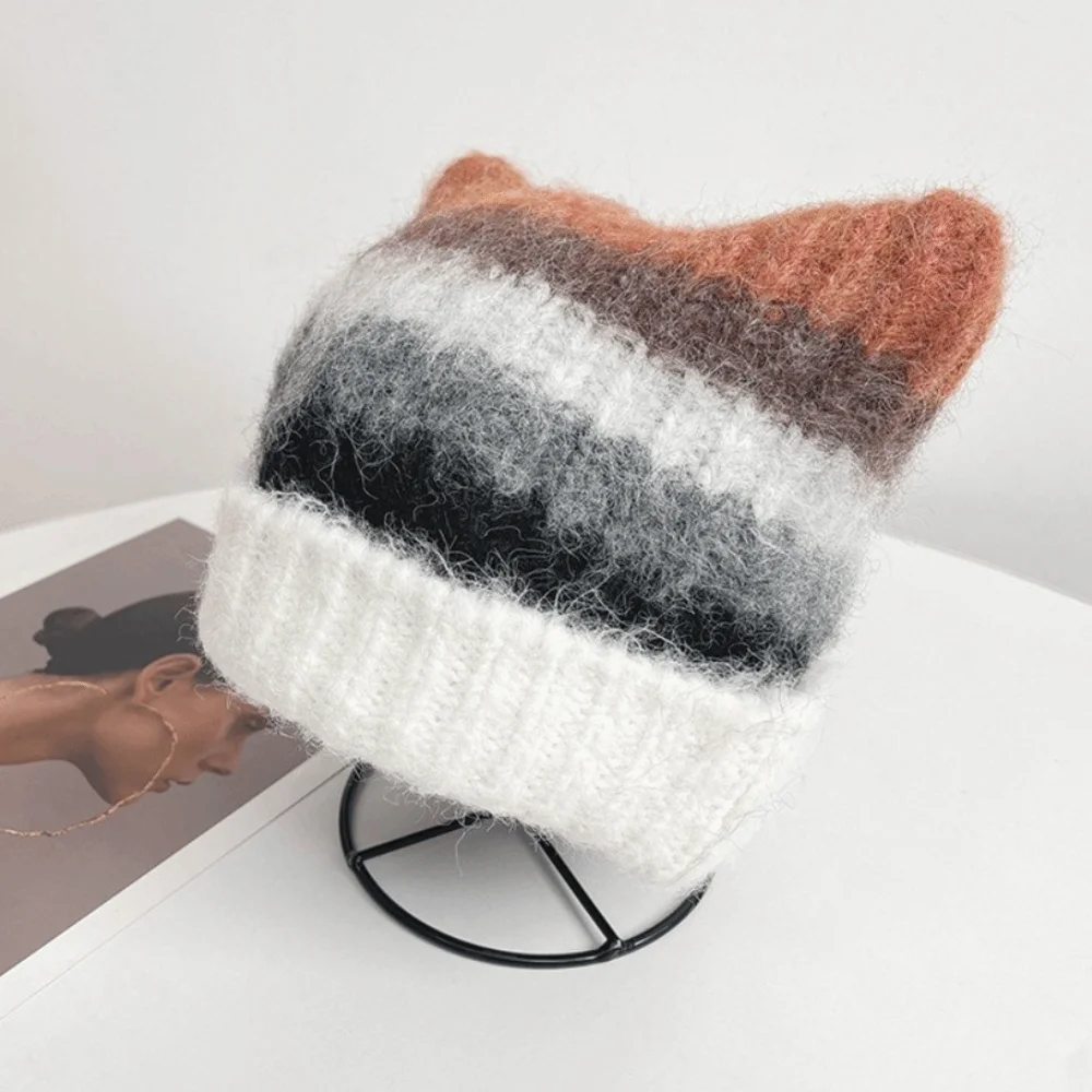 

Модная цветная шапка-бини с кошачьими ушками, радужная градиентная полосатая шапка-ведро в японском стиле Y2K для женщин, осень-зима