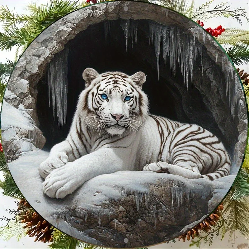 Vintage White Tiger Metal Wall Art - Rustic Home Bar Decor, 8 Inch Round 2D Print for Party, No-Power Mounting