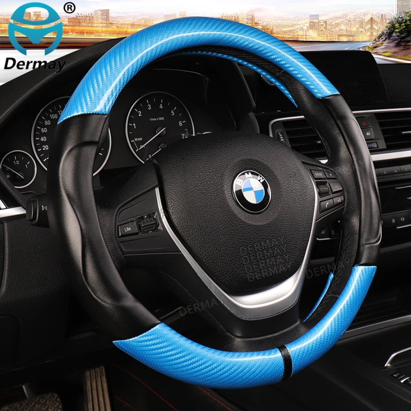 Luxury Car Steering Wheel Cover Non-slip Soft Leather + Carbon Fibre Universal M Size Fit Standard Steering Wheel 37-38cm