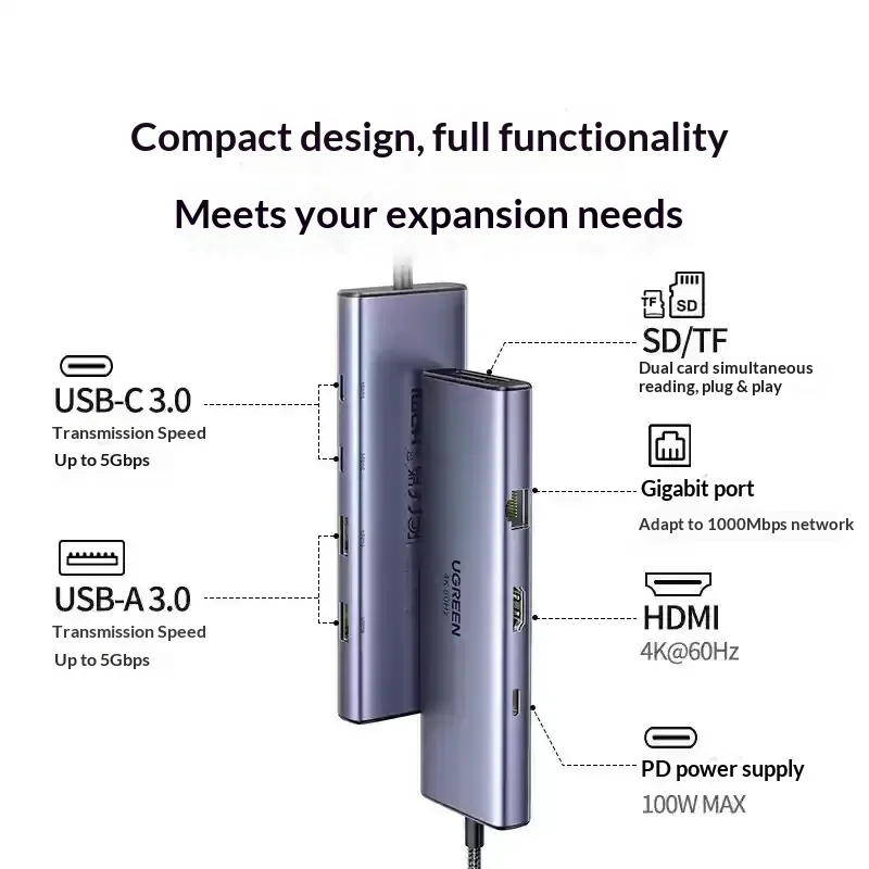 UGREEN CM498 15375 9 in 1 USB C Docking Station 4K HDMI Gigabit Ethernet SD TF Card Reader Multiport Hub Adapter for Laptop.