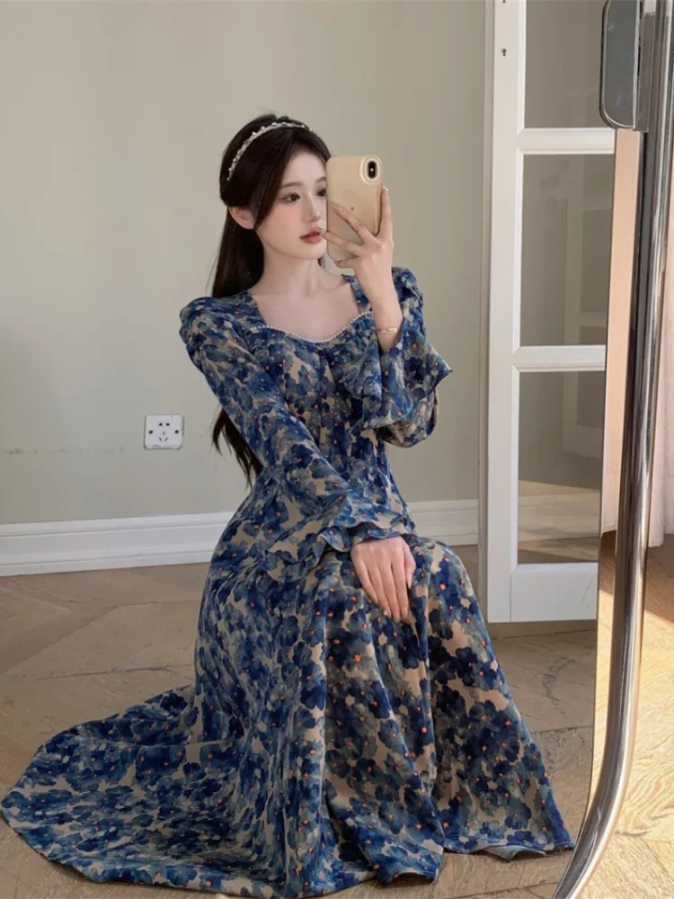 Spring Autumn Vintage Long Oil Painting Flowers Party Dress for Women Pearl Square Collar Fabulous Dresses Evening Robe 2023