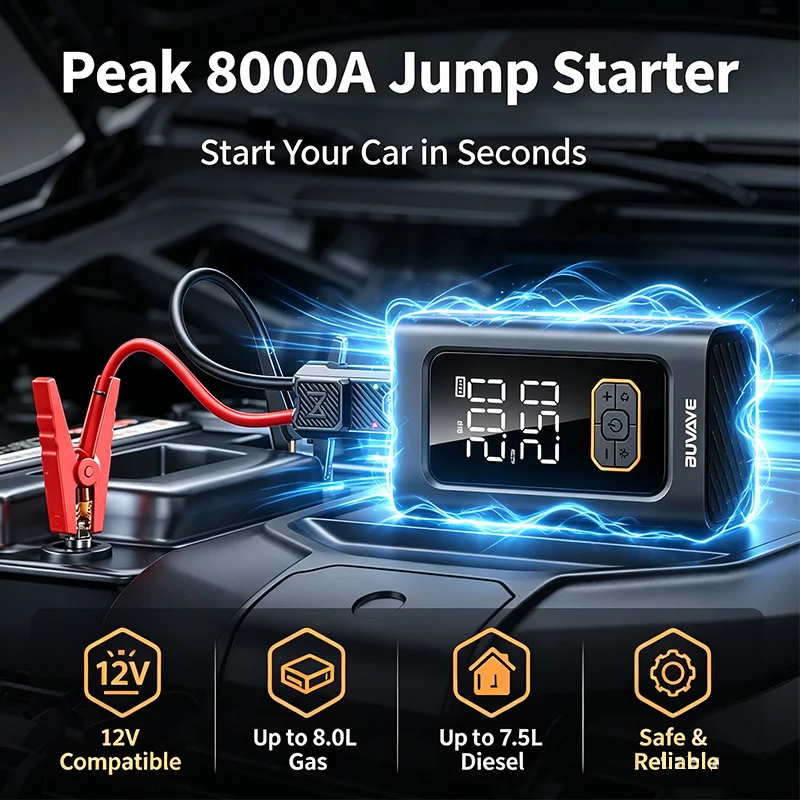 4-IN-1 Car Jump Starter Peak 8000A Auto Battery Booster Large LED Display Portable Power Bank Tire Inflator with Air Compressor