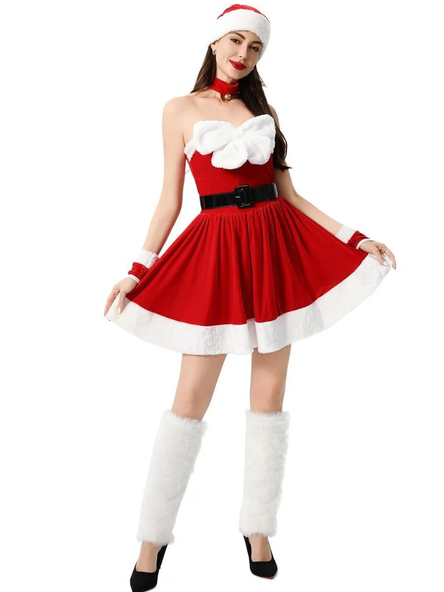 Dames Kerst Santa Dress Deluxe Mrs Claus Kostuum Fluwelen Jurk Choker Hoed Handschoenen Set Cosplay Outfits