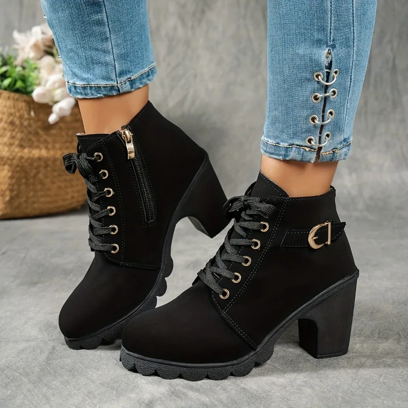 

1 Pair New Autumn and Winter High-heeled Women's Boots Season Cross Strap Thick Heeled Short Boots with Decorative Buckle Design