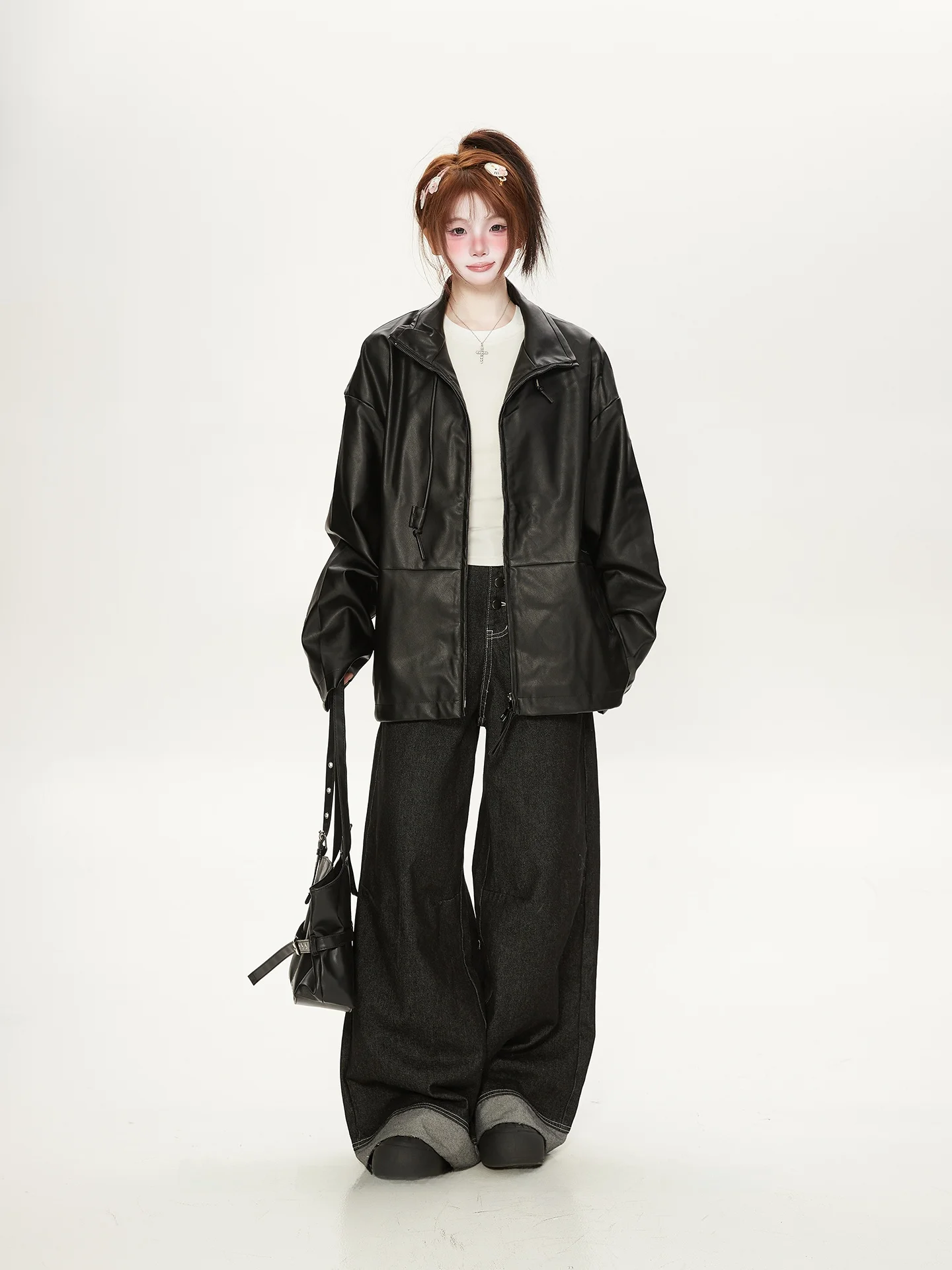 เสื้อโค้ทหนัง PU สไตล์เรโทรอเมริกัน คอตั้ง ทรงหลวม คุณภาพสูง สำหรับผู้หญิง ฤดูใบไม้ผลิ ฤดูใบไม้ร่วง เหมาะสำหรับคู่รัก