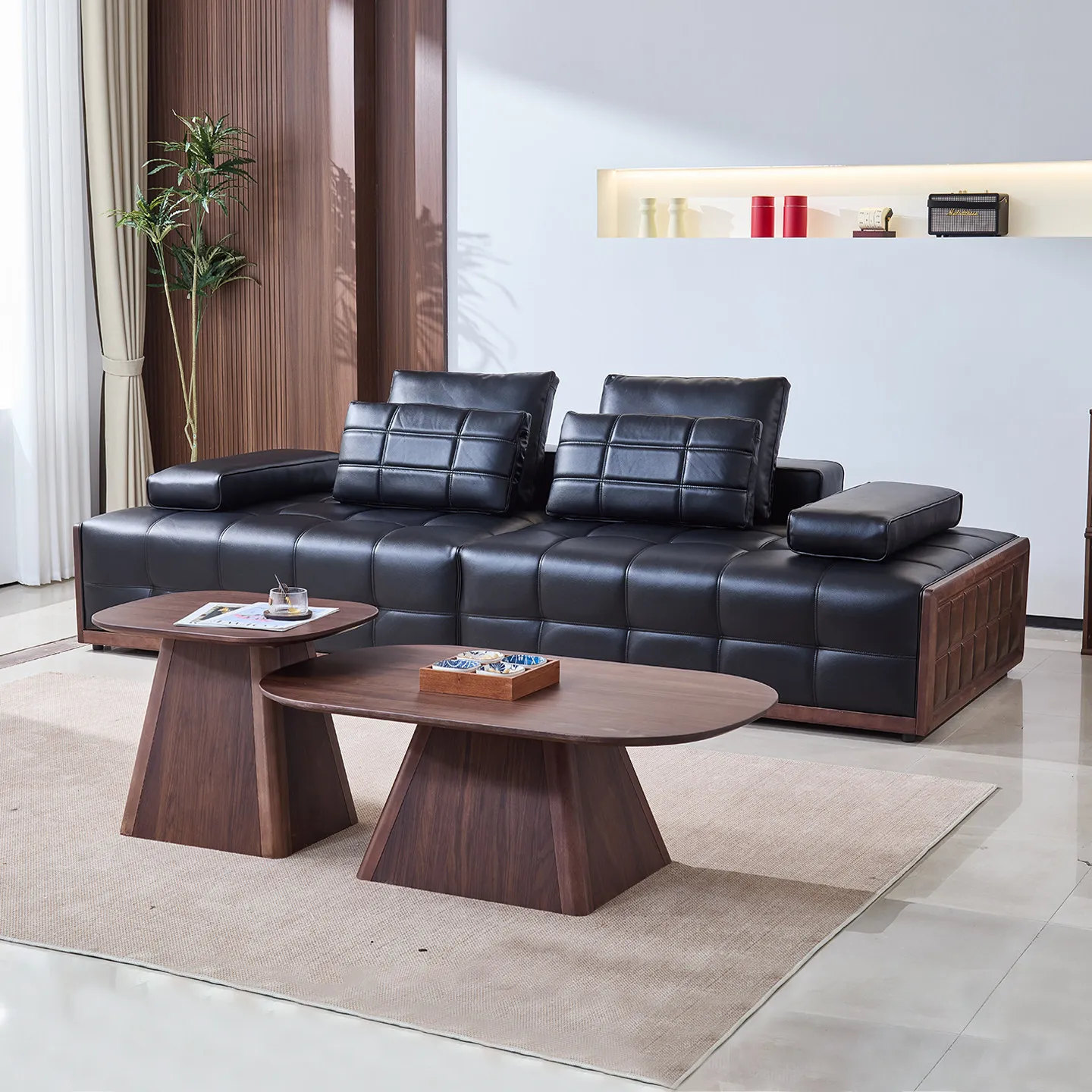 Leather sofa, light luxury and high-end sense, straight row solid wood, black walnut sofa, new Chinese style and ancient style