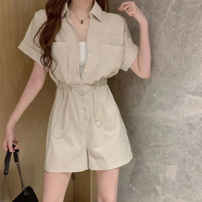 レトロなウエストシェイプのユーティリティジャンプスーツ レディース 夏 2025 新作 韓国風 ゆったりワイドレッグパンツ