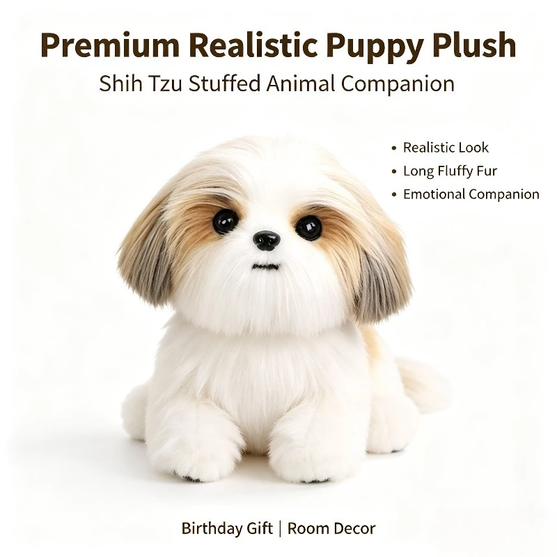 Lifelike Simulation Shih Tzu Stuffed Animal Soft Fluffy Puppy Plush Toy Companion Decor Gift for Girls Birthday Holiday