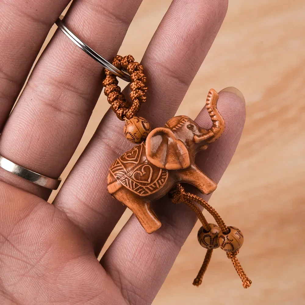 1-5pcs Elephant Keychain Peach Wood Carving Riches Lucky Animal Key Chain Pendant Women Bags Pom Pom Charm Home Key Rings